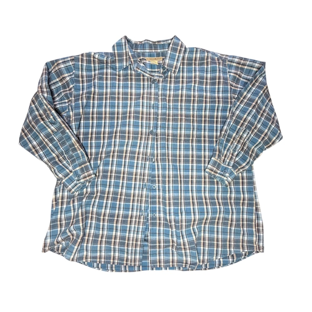 Mountain Lake II Womens Plaid Long Sleeve Button Down Shirt Blue Brown Size XL‎